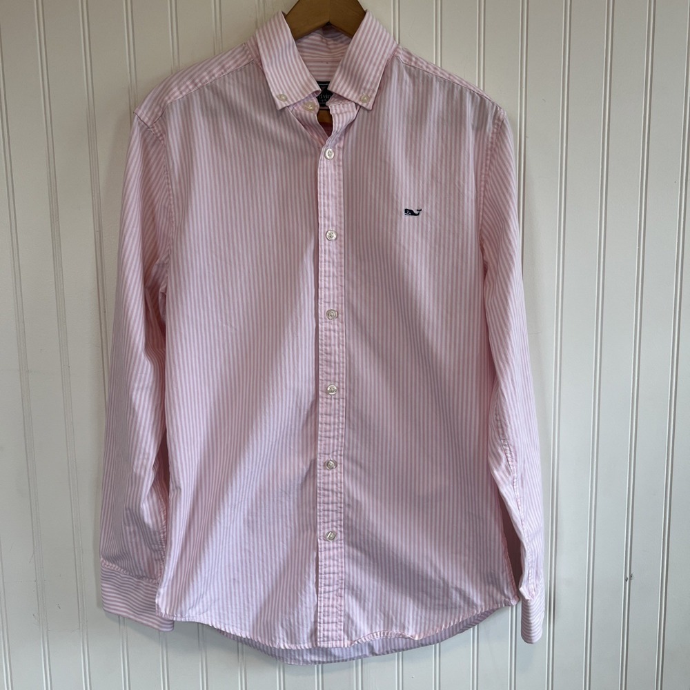 Vineyard Vines Shirt Mens X-Small Pink White Whale Striped Button Up Slim Flaw